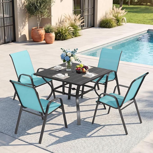 Outdoor Dining Set for 4, Patio Metal Table and Chairs Set with 1.97'' Umbrella Hole, 5pcs Patio Furniture Set 37.8”x37.8” Dining Table Set with Stackable Chairs for Backyard Pool Deck