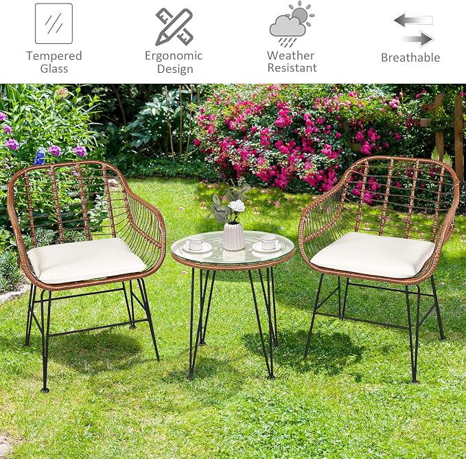 COSTWAY 3 Pieces Patio Bistro Set, Outdoor Rattan Conversation Seating Chair Set with Coffee Table & Soft Cushions, Indoor Wicker Furniture Set for Garden, Balcony, Porch, Pool,Beige