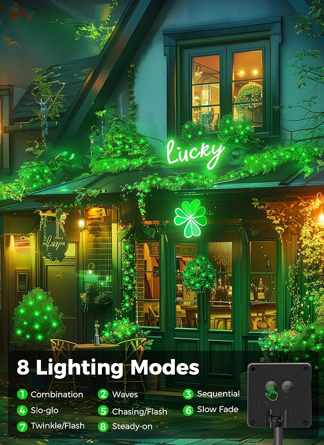 Minetom Solar String Lights Outdoor, 40FT 100 LED Green String Lights | Solar Powered String Lights for St Patrick Decoration with 8 Lighting Modes, Waterproof Solar Lights for Outside Tree, Green