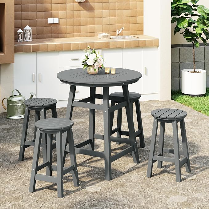 Costaelm Patio Bistro Table, 37" Counter Height Round Patio Cocktail Bar Table with Umbrella Hole, Outdoor Bistro Dining Pub Table for Front Porch Deck Backyard Garden, Gray