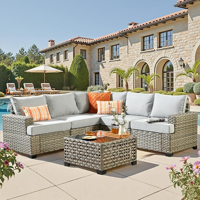 CAODOC Outdoor Sectional Patio Furniture Set,6 Pieces Wicker Conversation Sets L Shaped Couch,Outdoor Sofa Outside Furniture with Solar-Powered Coffee Table(Grey)