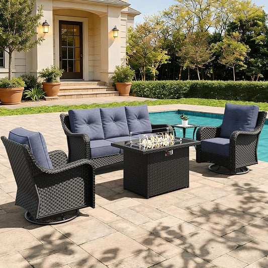 5 Pieces Outdoor Furniture Set with 6-inch Cushions, High Back Wicker Swivel Rocker Chairs with Fire Pit Table, Luxury Conversation Set for Deck Patio and Poolside