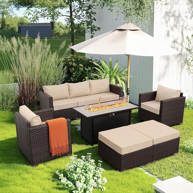 Rattan Star Patio Furniture Set 6-Piece Outdoor Furniture Set with 45'' Propane Gas Fire Pit Table Outdoor Conversation Set Wicker Sofa Set Non-Slip Cushions Waterproof Covers, Khaki