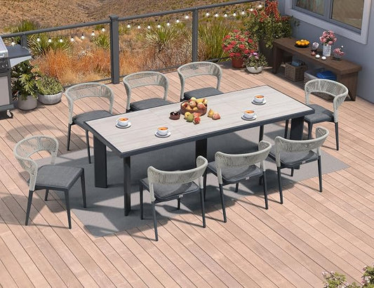 PURPLE LEAF 9 Pieces Outdoor Dining Set Patio Table and Chairs Set Aluminum Wicker Rattan Patio Furniture Set for Lawn Garden Porch Beige Marble Color Outdoor Set