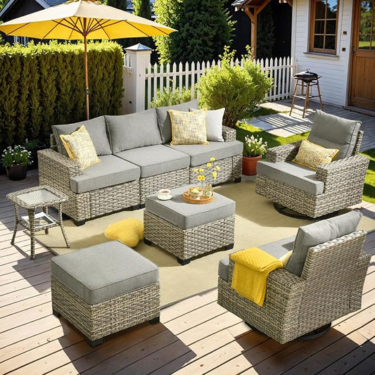 Patio Outdoor Furniture Set - All Weather Wicker Modular Sectional Sofa Couch,Patio Seating Outdoor Conversation Sets for Deck Yard Garden (Dark Grey, 8 Pcs w/Swivel Glider)