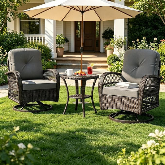 ORALNER 3 Pieces Wicker 360° Swivel Rocker Set Patio Furniture, Rocking Chairs with Cushions, Tempered Glass Coffee Table, Outdoor Rattan Bistro Set for Balcony Front Porch Deck Poolside (Gray)