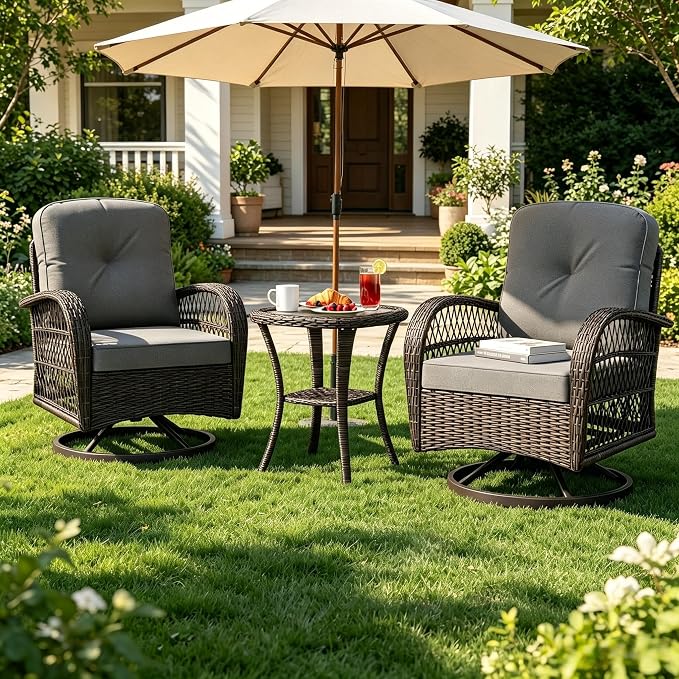 ORALNER 3 Pieces Wicker 360° Swivel Rocker Set Patio Furniture, Rocking Chairs with Cushions, Tempered Glass Coffee Table, Outdoor Rattan Bistro Set for Balcony Front Porch Deck Poolside (Gray)