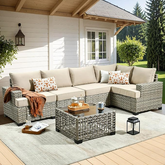 WEAXTY 6 Pieces Patio Furniture Set, Outdoor Sectional Sofa Couch with Solar Coffee Table, All-Weather Outside Furniture Patio Conversation Sets for Backyard Porch Balcony (Beige)