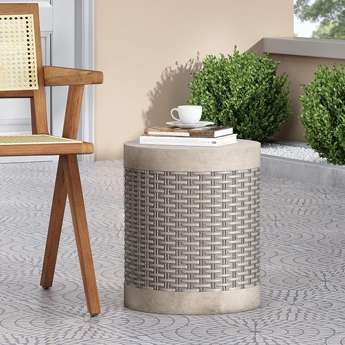 Outdoor Side Table 15.75" Cylindrical Shape Lightweight Concrete-Look Outdoor Indoor Accent Table Decorative Garden Stools, for Patio Porch Living Room, Dark Grey