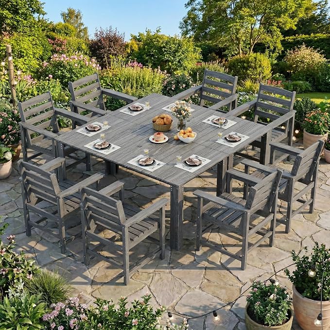 Dining Table Set, 10-Piece HDPE Outdoor Dining Set for 8, Gray | 2 Tables & 8 Chairs, 1.7" Umbrella Hole, 300 lb/Chair, Waterproof Wood-Grain Surface, 6-Box Delivery