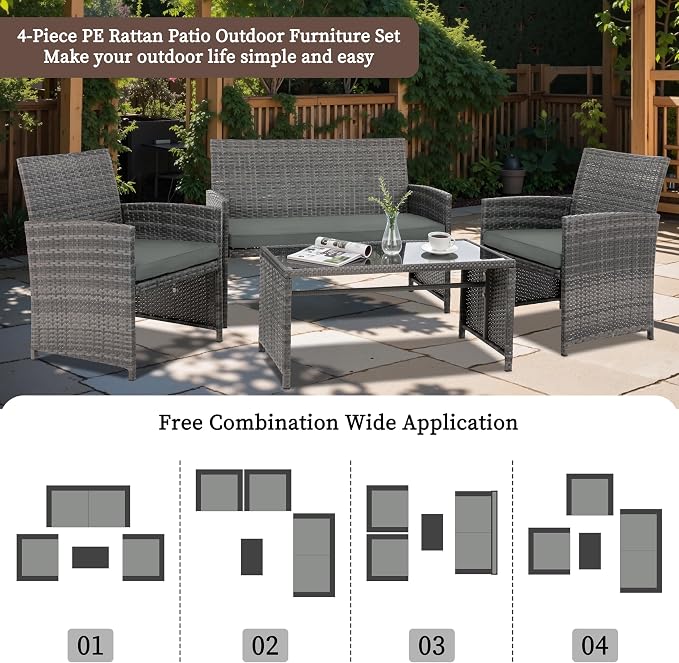 4 Piece Patio Ratten Set Outdoor Furniture Set Wicker Conversation Set with Cushions and Tempered Glass Tabletop,Grey