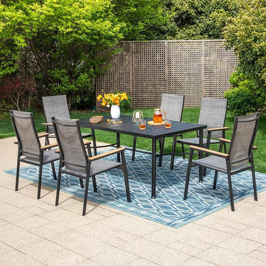 MFSTUDIO 7 PCS Patio Dining Set with 1 American Design Metal Table (64" x 39") and 6 Aluminum Textilene Fabric Chairs (Stackable)