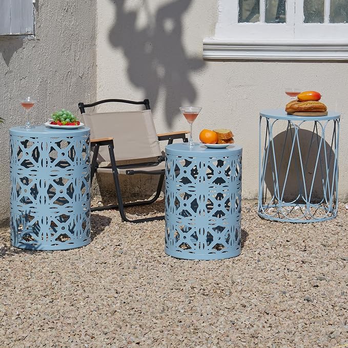 Y&M Set of 3 Stacking Coffee Table for Living Room, Patio Side Table,Indoor End Tables for Bedroom, Outdoor Decorative Garden Stool with Heavy Duty Metal Frame Modern Industrial Decor - Blue
