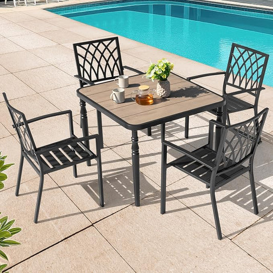 NUU GARDEN 5-Piece Outdoor Dining Set for 4, 37" Square Metal Table with Wood-Grain Top & Umbrella Hole, 4 Stackable Chairs, Weather-Resistant Furniture for Patio Deck Yard Garden, Black