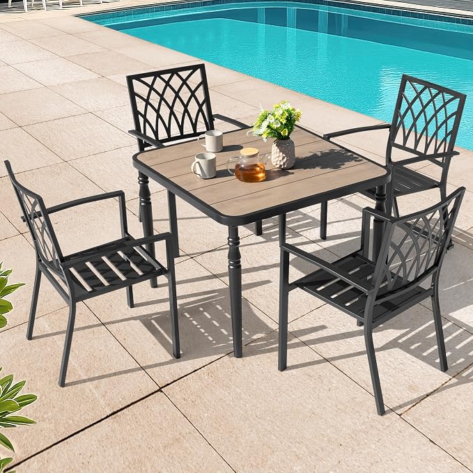 NUU GARDEN 5-Piece Outdoor Dining Set, 4 Stackable Chairs & 37" Square Table with Umbrella Hole and Faux Wood Tabletop, Weather-Resistant Furniture for Patio Deck Yard Garden, Black