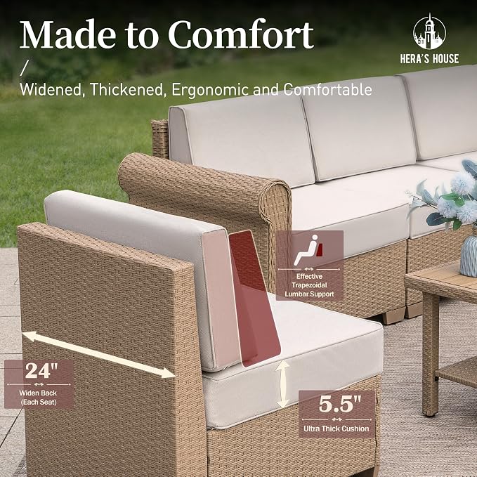 HERA'S HOUSE Patio Furniture Set 7 Piece, Outdoor Sectional Wicker Sofa with 44" Coffee Table All Weather 6 Seats, 5.5" Thick Waterproof Cushion Modular Conversation Set for Garden Deck Backyard