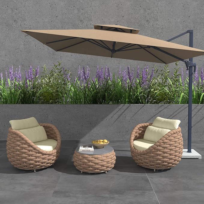 TWT 3 Pieces Aluminum Patio Furniture Set, Hand Woven Textilene Rope Outdoor Sofa Set w/Washable Cushion and Rock Slab Tabletop, Conversation Furniture for Livingroom Poolside Balcony (Light Brown)