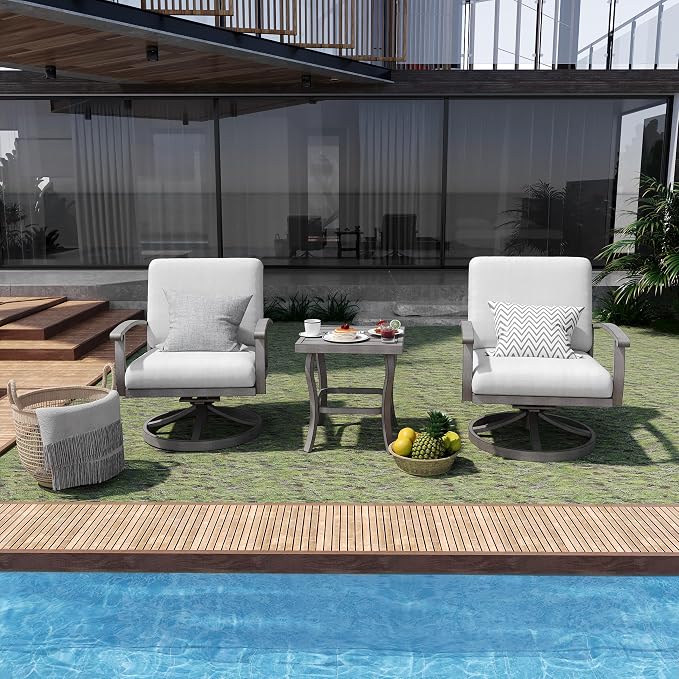 HAPPATIO Aluminum Outdoor Conversation Set - 3 Piece Swivel Rocker Patio Chairs with Thick Cushions and Side Table, Patio Furniture Set for Backyard Porch Balcony Front Porch (Gray)