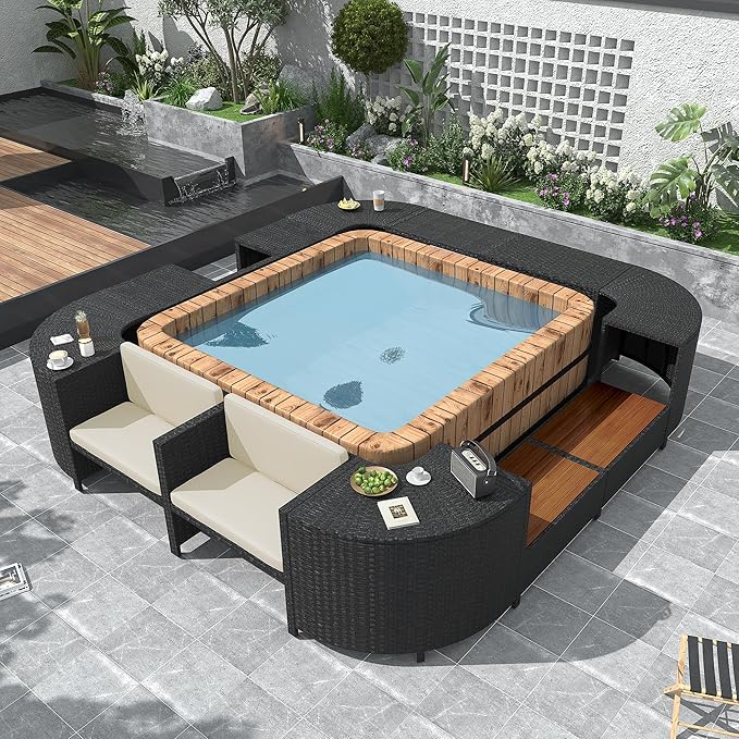 LUMISOL Square Pool Surround Spa Surround with Storage, Quadrilateral Outdoor Rattan Sectional Sofa Set with Sofa for Poolside Garden, Beige