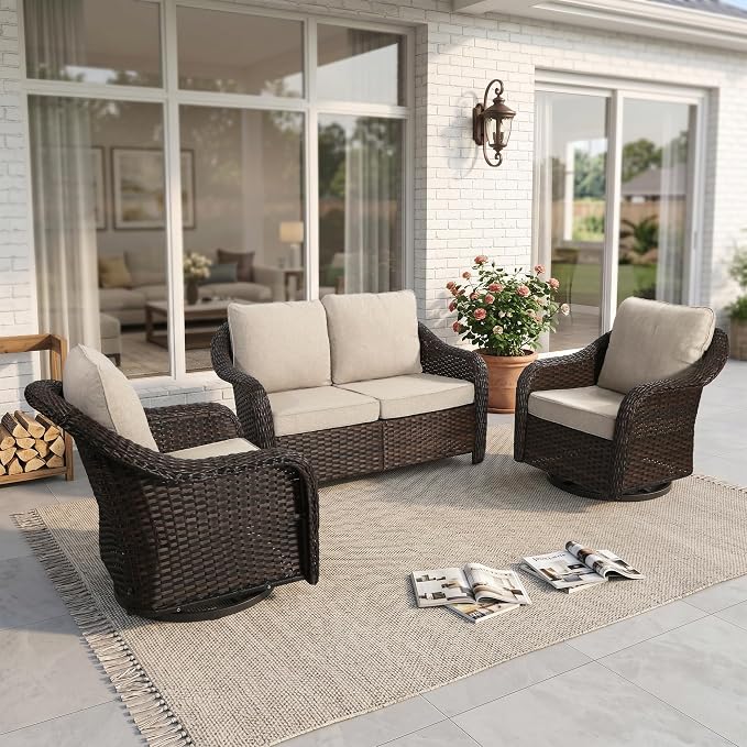 3 Piece Patio Wicker Conversation Set, All-Weather Use Outdoor Wicker Loveseat with 2 PE Rattan 360 Swivel Chair, Ideal for Porch, Backyard, Balcony, Poolside, Beige