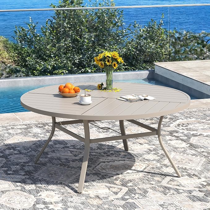 DIFY Patio Table and Chairs Set for 8, 9 Piece Outdoor Dining Set Includes 59.8" Round Metal Dining Table with Umbrella Hole and 8 Textilene Swivel Patio Chairs, for Garden Backyard Deck, Sandshell