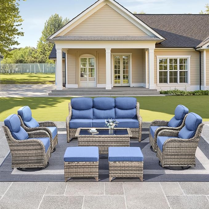 Luxury High Back Outdoor Furniture with 6-Inch Thick Cushions, Patio Furniture Set with Swivel Chairs, 8 PCS Wicker Conversation Set for Porch, Balcony, Deck and Yard