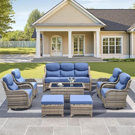 Luxury High Back Outdoor Furniture with 6-Inch Thick Cushions, Patio Furniture Set with Swivel Chairs, 8 PCS Wicker Conversation Set for Porch, Balcony, Deck and Yard