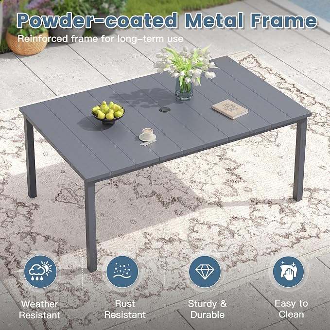 DIFY 7 Pieces Outdoor Dining Set, Metal Patio Table and Chairs Set for 6, 63" Rectangle Dining Table with Umbrella Hole & Wicker Stackable Patio Chairs with Cushions, Grey Tabletop