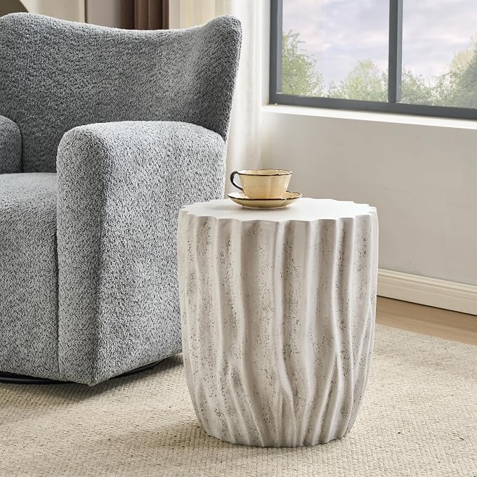 Christopher Knight Home Fairhill Outdoor Ribbed Side Table, Lightweight Concrete End Table, Accent Table with Wave Textured, Decorative Small Coffee Desk for Living Room Patio Balcony, Antique Grey