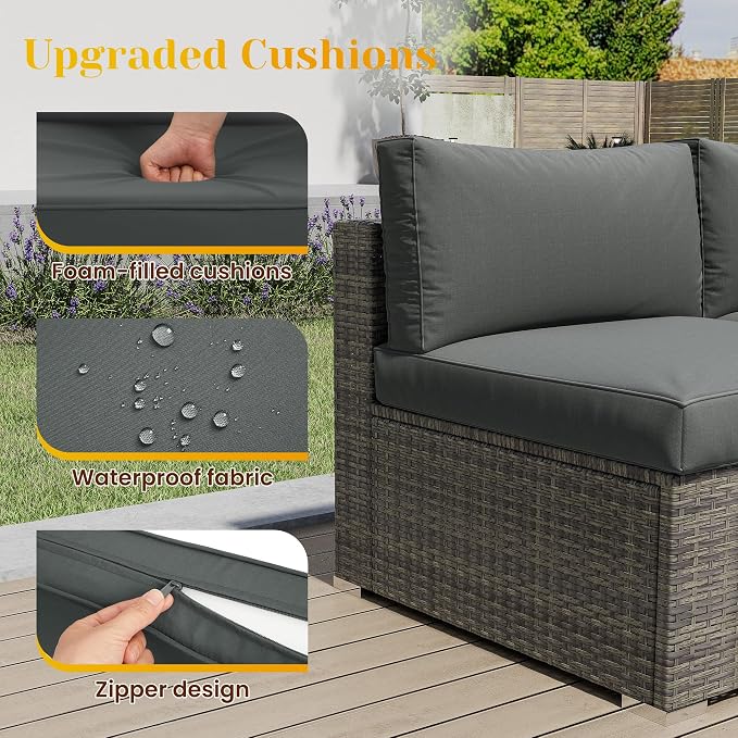 May in Color 5 Piece Outdoor Patio Sectional Furniture Set, Weather Resistant Rattan Outside Couch, Waterproof Conversation Sofa for Balcony, Porch, Backyard, Deck, Garden, Grey