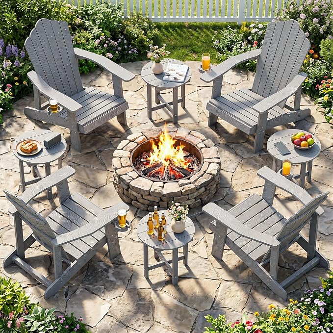 Tangkula Round Outdoor Side Table, Adirondack Side Table with Weather-Resistant, Waterproof Top, Small Outside End Table for Patio Deck Pool Porch, Easy Maintenance (Grey,1)