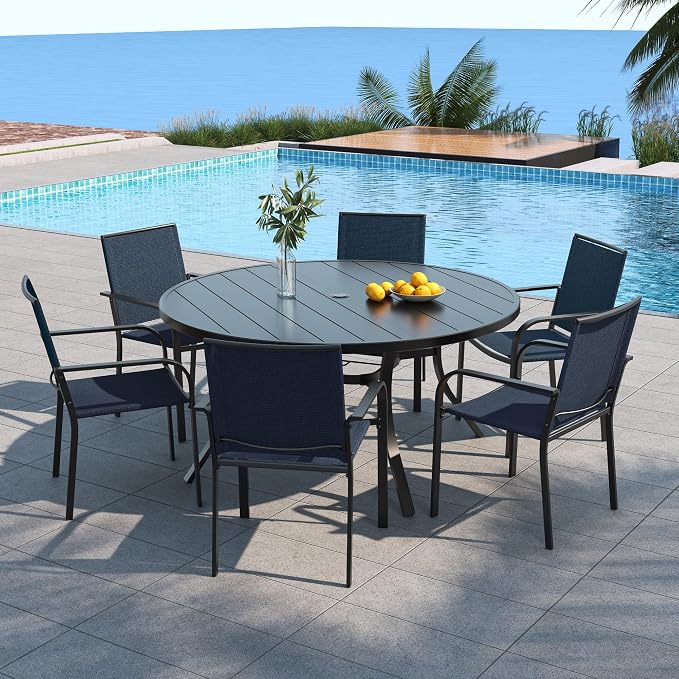 Anmutig Large Outdoor Patio Chairs and Table Set for 6 Person with 54" Round Dining Table and Stackable Navy Blue Textilene Chairs