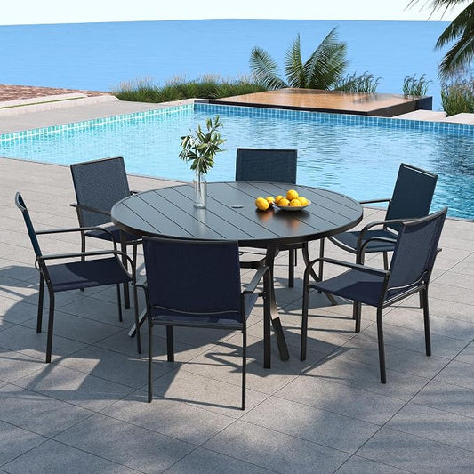 Anmutig Large Outdoor Patio Chairs and Table Set for 6 Person with 54" Round Dining Table and Stackable Navy Blue Textilene Chairs