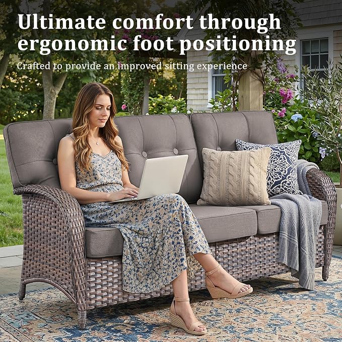 10-Piece Wicker Patio Furniture Set with 5-Inch Thick Cushions Weather Resistant Rattan High Back Swivel Rocker Chairs Senior Friendly Conversation Set for Small Porch Deck Sunroom Brown/Grey