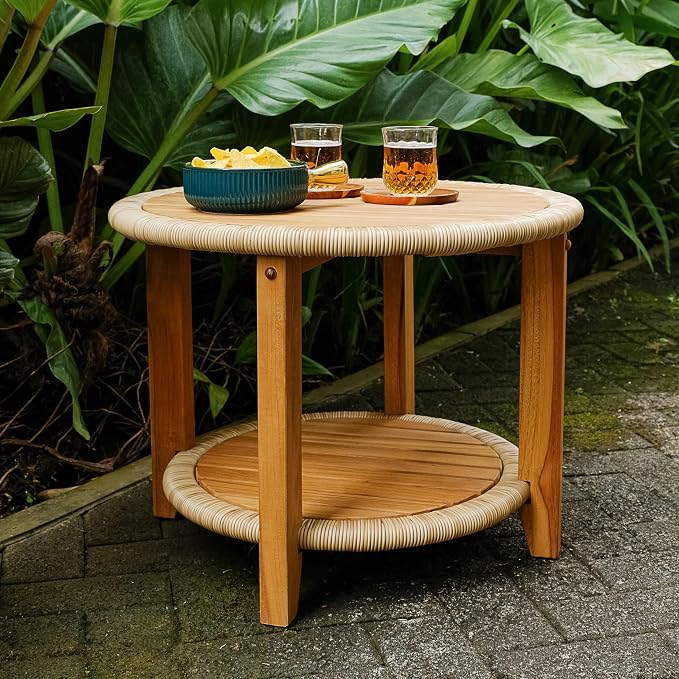 Cambridge Casual Seaside Outdoor Side Table, Natural Teak/All-Weather Wicker