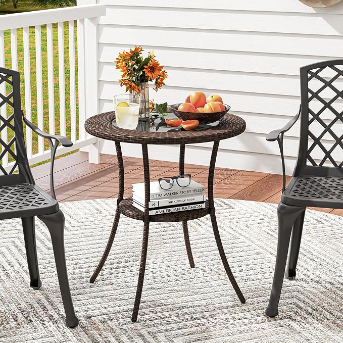 Tangkula 25 inch Patio Wicker Coffee Table Outdoor Backyard Lawn Balcony Pool Round Tempered Glass Top Rattan Steel Frame Side Table Furniture W/Storage Shelf, Brown