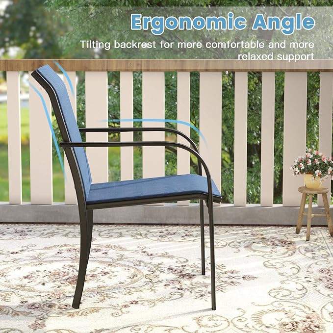 DIFY 5 Pieces Outdoor Patio Dining Set for 4, 40.6" Black Round Metal Dining Table and 4 Blue Stackable Sling Dining Chairs, Outdoor Table and Chairs for Lawn Garden Backyard Deck