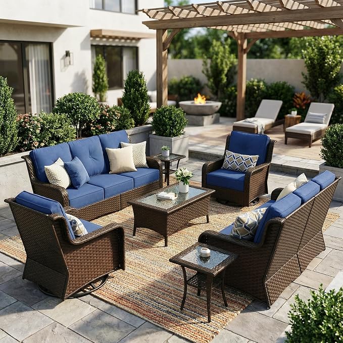 Sundale Outdoor 6 Piece Wicker Patio Furniture Set, High Back Outdoor Couch with Swivel Chairs & Coffee Table, 6" Thick Cushion Patio Conversation Sets with Deep Seating for Yard, Deck (Blue)