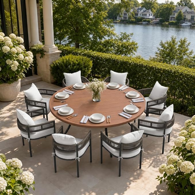 VICLLAX Patio Dining Set, 63" Walnut Table & 6 Chairs with Wheat Cushion | Outdoor Table and Chairs Set of Round Metal Patio Table, Outdoor Dining Chairs with Metal Frame, Garden Deck Porch