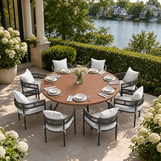 VICLLAX Patio Dining Set, 63" Walnut Table & 6 Chairs with Wheat Cushion | Outdoor Table and Chairs Set of Round Metal Patio Table, Outdoor Dining Chairs with Metal Frame, Garden Deck Porch