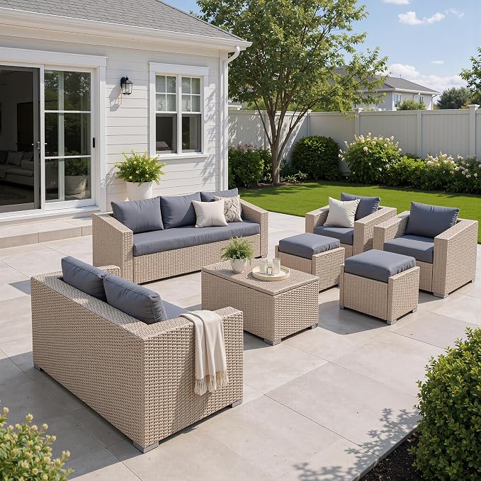 AMERLIFE 10-Piece Wicker Patio Furniture Set, Rattan Sectional Sofa with Storage Coffee Table & 2 Ottomans, All-Weather Outdoor Conversation Set for Backyard, Deck, Grey