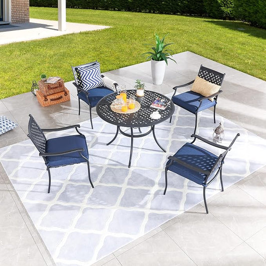 LOKATSE Home 5 PCS Outdoor Patio Dining Set with 4 Armchair with Cushions and 1 Round Table with 2.04" Umbrella Hole for Garden Backyard Poolside