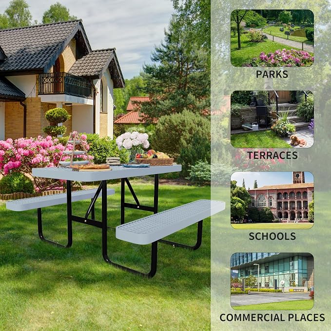 Picnic Tables for Outdoors,Commercial Metal Picnic Table Bench Set with Umbrella Hole,School Canteen Tables W/Seats - Heavy Duty Sturdy Picnic Tables Furniture for Patio Garden (Grey, 4FT)