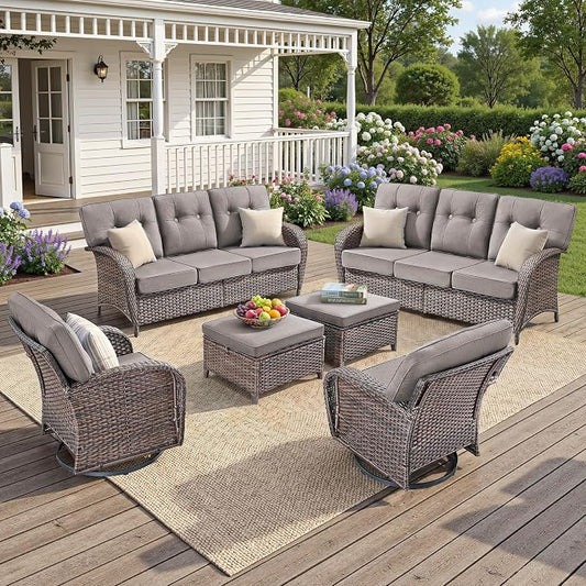 Patio Furniture Set, 6PCS Outdoor Wicker Conversation Set with 5" Thick Cushions, High Back Rattan Sofa & Swivel Rocker Chairs, Weather Resistant Olefin Fabric for Garden, Poolside Brown/Grey