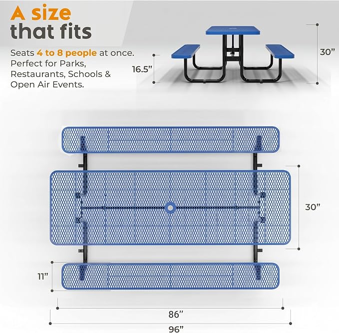 Commercial Heavy-Duty Metal Picnic Table - ADA Compliant, Adjustable Seats, Umbrella Hole, Expanded Metal (Blue, 8' Rectangular)