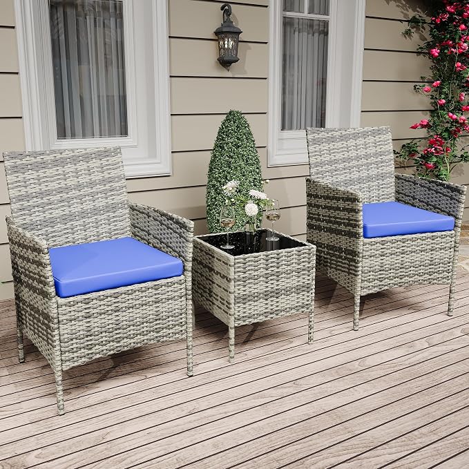 3-Piece Patio Furniture Set – Outdoor PE Rattan Armchairs, Water-Resistant Blue Cushions, Glass Table – Conversation Set – Grey Gradient Rattan/Blue Cushion