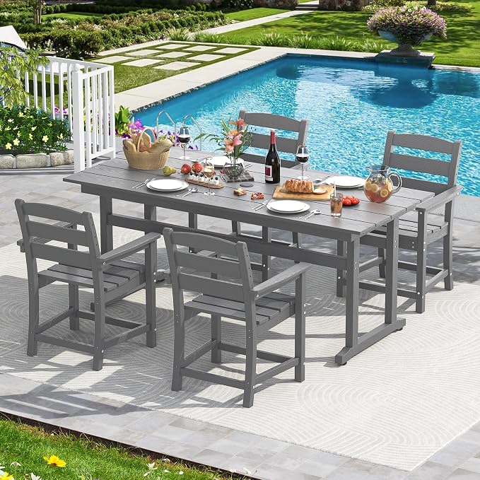 nalone 5-Piece Patio Dining Table Set, HDPE Outdoor Dining Sets with Table and 4 Chairs, Dining Furniture Set with Umbrella Hole (Grey, 5 Pcs)