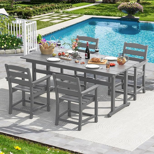 nalone 5-Piece Patio Dining Table Set, HDPE Outdoor Dining Sets with Table and 4 Chairs, Dining Furniture Set with Umbrella Hole (Grey, 5 Pcs)