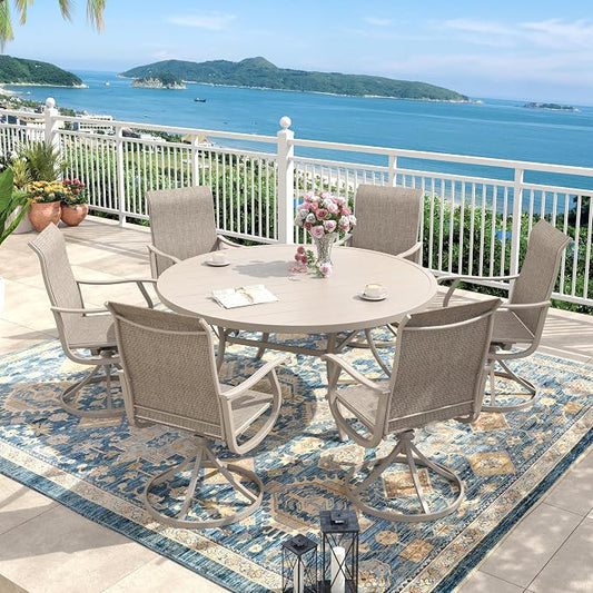 Outdoor Dining Set for 6, 50" Metal Round Outdoor Dining Table with Umbrella Hole and Sling Patio Swivel Chairs, 7 Pieces Patio Table and Chairs Set for Garden Backyard, Sandshell