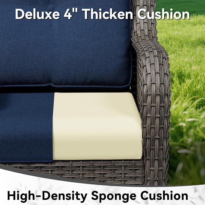 Patio Chairs Set of 2, Outdoor Wicker Patio Furniture Set with Thickened Olefin Cushions, High Back and Deep Seating, Wide Curved Armrest Hand-Woven PE Rattan for Porch, Deck, Blue